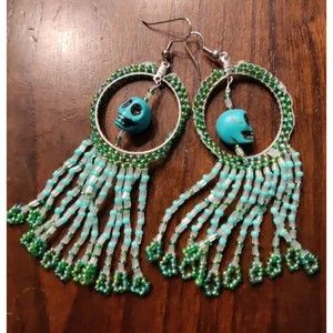 Halloween Day of the Dead Turquoise Skull & Loop Dangle Earrings Hand Beaded